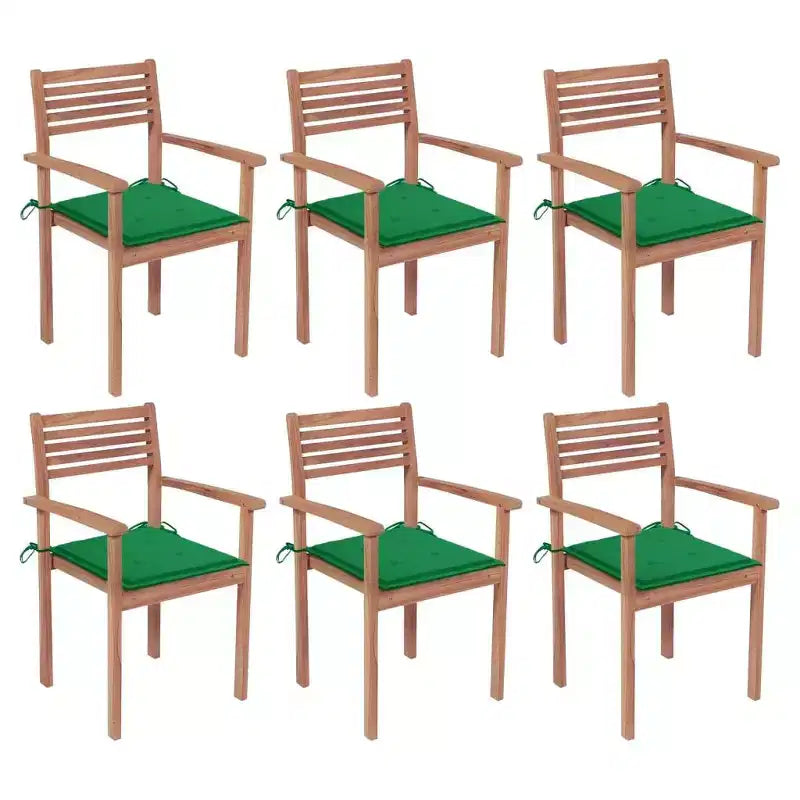 vidaXL 6X Teak Wooden Stackable Patio Chairs with Cushions, Durable, Waterproof Outdoor Garden, Timeless Design for Homes, Offices, Bars, Cafes