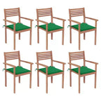 vidaXL 6X Teak Wooden Stackable Patio Chairs with Cushions, Durable, Waterproof Outdoor Garden, Timeless Design for Homes, Offices, Bars, Cafes