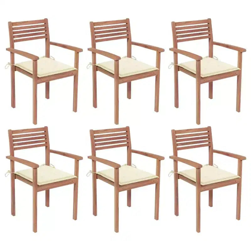 vidaXL Solid Teak Wood Stackable Patio Chairs with Cream Cushions - Set of 6 - Garden/Outdoor/Lounge Seating - Weather-Resistant Finish