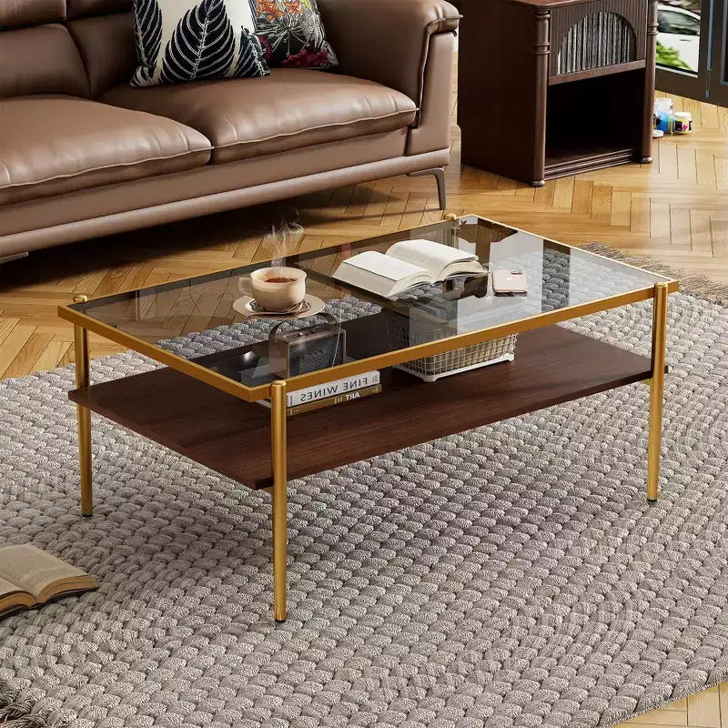 Okak Rectangle Modern Coffee Table with Storage Open Shelves, Tempered Glass Top Practical Side Table for Living Room Dining room