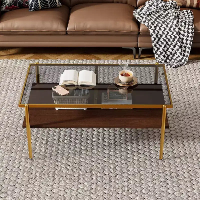 Okak Rectangle Modern Coffee Table with Storage Open Shelves, Tempered Glass Top Practical Side Table for Living Room Dining room