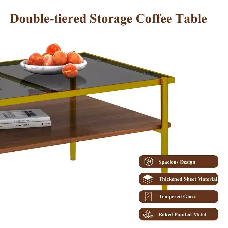Okak Rectangle Modern Coffee Table with Storage Open Shelves, Tempered Glass Top Practical Side Table for Living Room Dining room