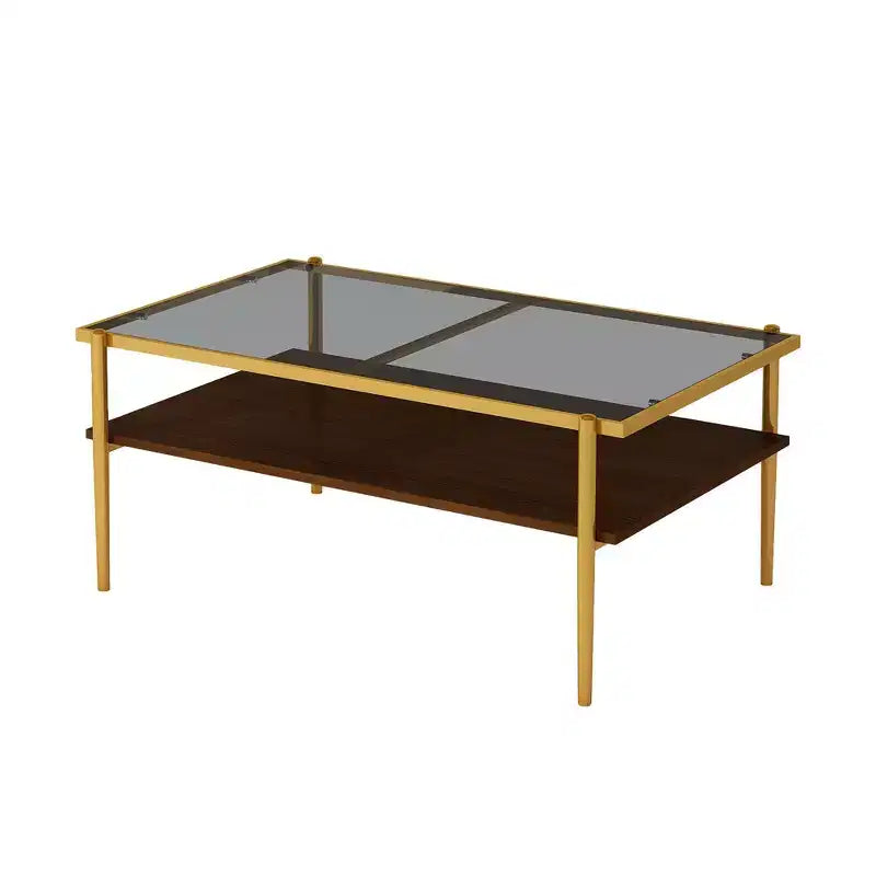 Okak Rectangle Modern Coffee Table with Storage Open Shelves, Tempered Glass Top Practical Side Table for Living Room Dining room