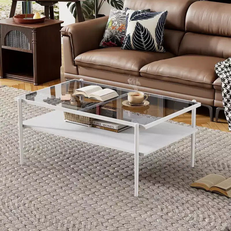 Okak Rectangle Modern Coffee Table with Storage Open Shelves, Tempered Glass Top Practical Side Table for Living Room Dining room