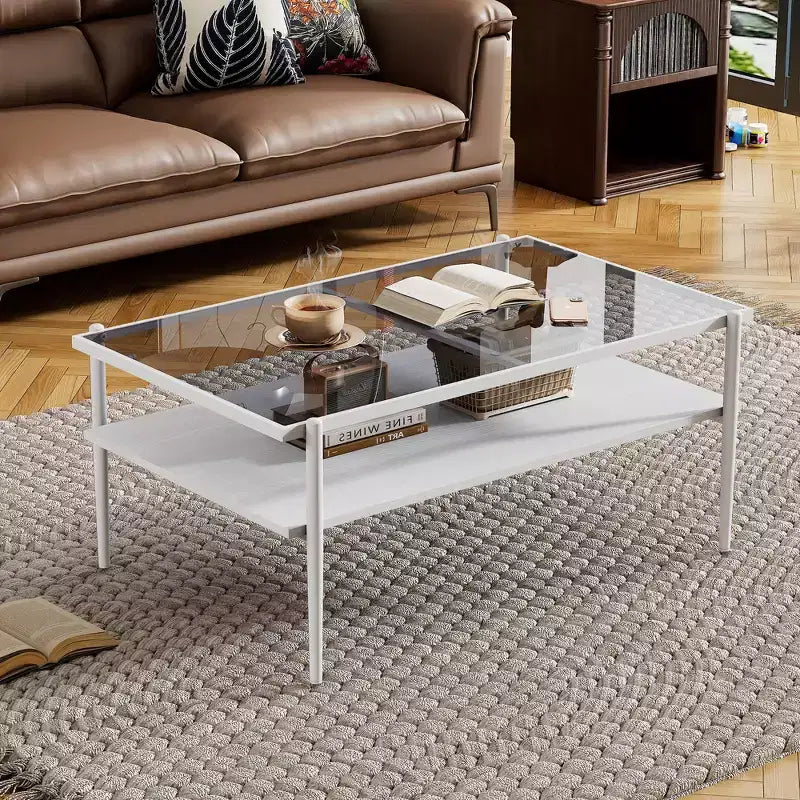 Okak Rectangle Modern Coffee Table with Storage Open Shelves, Tempered Glass Top Practical Side Table for Living Room Dining room