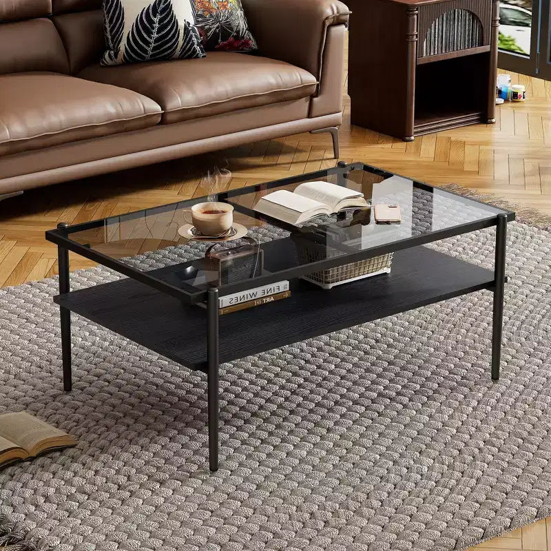 Okak Rectangle Modern Coffee Table with Storage Open Shelves, Tempered Glass Top Practical Side Table for Living Room Dining room