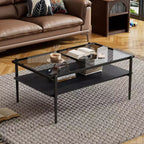 Okak Rectangle Modern Coffee Table with Storage Open Shelves, Tempered Glass Top Practical Side Table for Living Room Dining room