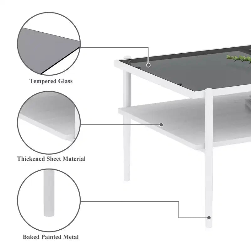 Okak Rectangle Modern Coffee Table with Storage Open Shelves, Tempered Glass Top Practical Side Table for Living Room Dining room