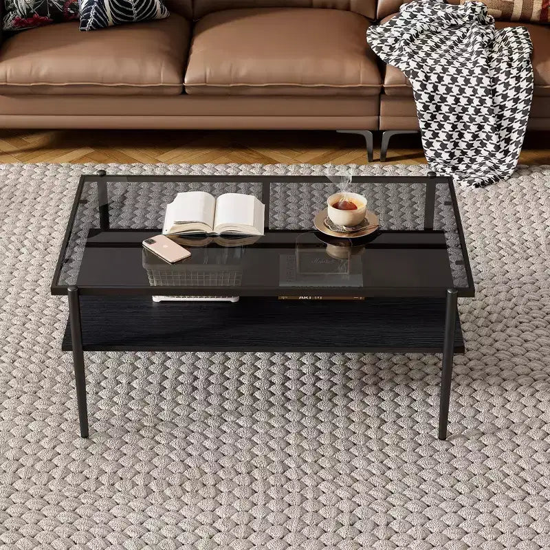 Okak Rectangle Modern Coffee Table with Storage Open Shelves, Tempered Glass Top Practical Side Table for Living Room Dining room