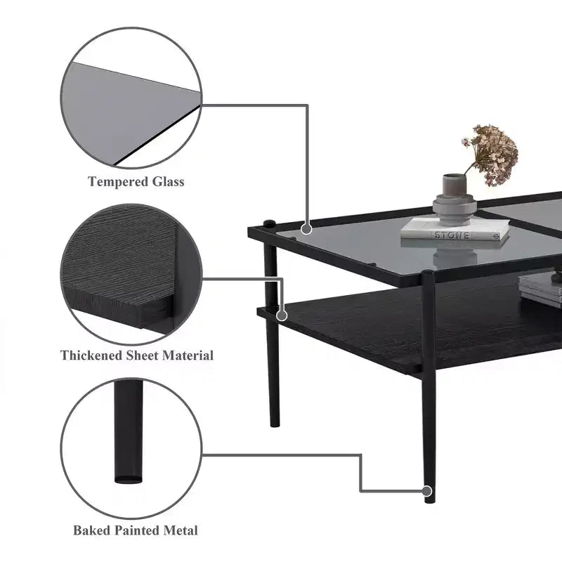 Okak Rectangle Modern Coffee Table with Storage Open Shelves, Tempered Glass Top Practical Side Table for Living Room Dining room