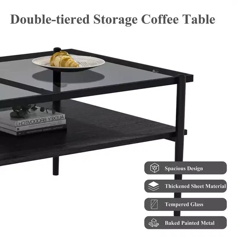 Okak Rectangle Modern Coffee Table with Storage Open Shelves, Tempered Glass Top Practical Side Table for Living Room Dining room