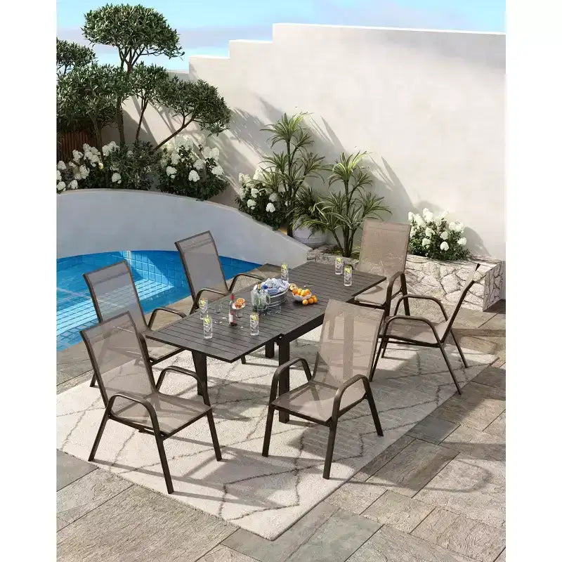 Set di 4 sedie da pranzo impilabili, set di sedie da pranzo per patio con schienale alto, sedie da esterno con tessuto in textilene e struttura in metallo per prato, cortile, terrazza e giardino