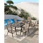 Set di 4 sedie da pranzo impilabili, set di sedie da pranzo per patio con schienale alto, sedie da esterno con tessuto in textilene e struttura in metallo per prato, cortile, terrazza e giardino
