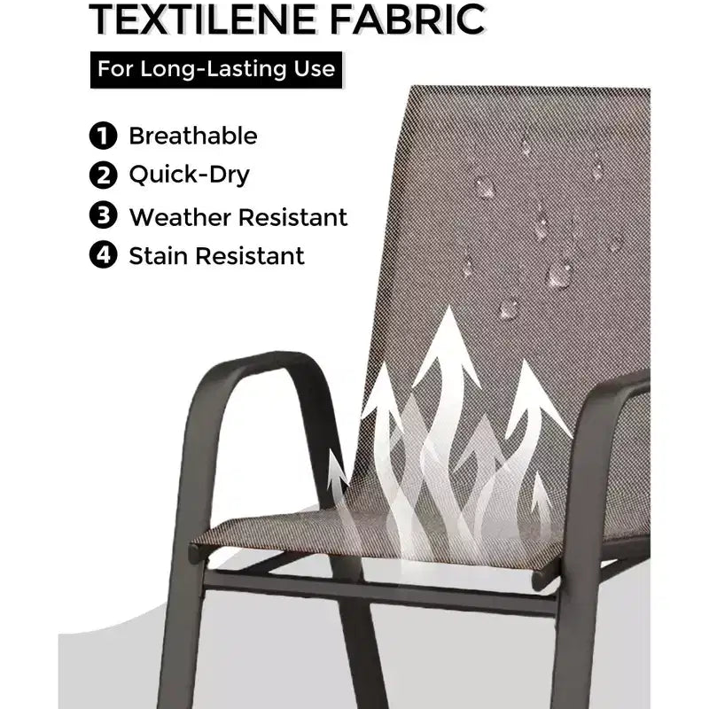 Set di 4 sedie da pranzo impilabili, set di sedie da pranzo per patio con schienale alto, sedie da esterno con tessuto in textilene e struttura in metallo per prato, cortile, terrazza e giardino