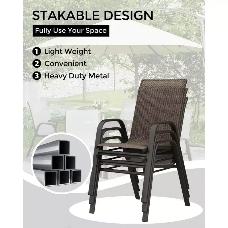 Set di 4 sedie da pranzo impilabili, set di sedie da pranzo per patio con schienale alto, sedie da esterno con tessuto in textilene e struttura in metallo per prato, cortile, terrazza e giardino