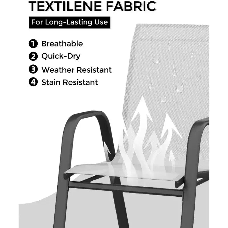 Set di 4 sedie da pranzo impilabili, set di sedie da pranzo per patio con schienale alto, sedie da esterno con tessuto in textilene e struttura in metallo per prato, cortile, terrazza e giardino