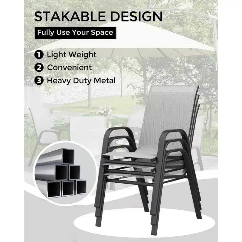 Set di 4 sedie da pranzo impilabili, set di sedie da pranzo per patio con schienale alto, sedie da esterno con tessuto in textilene e struttura in metallo per prato, cortile, terrazza e giardino