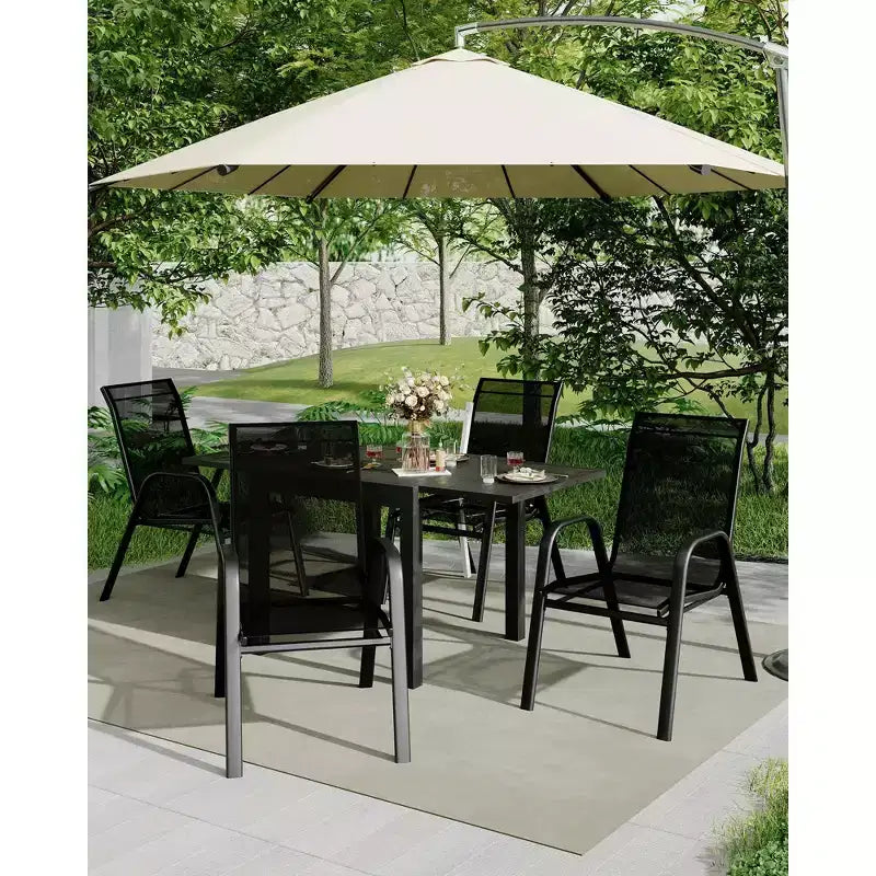 Set di 4 sedie da pranzo impilabili, set di sedie da pranzo per patio con schienale alto, sedie da esterno con tessuto in textilene e struttura in metallo per prato, cortile, terrazza e giardino