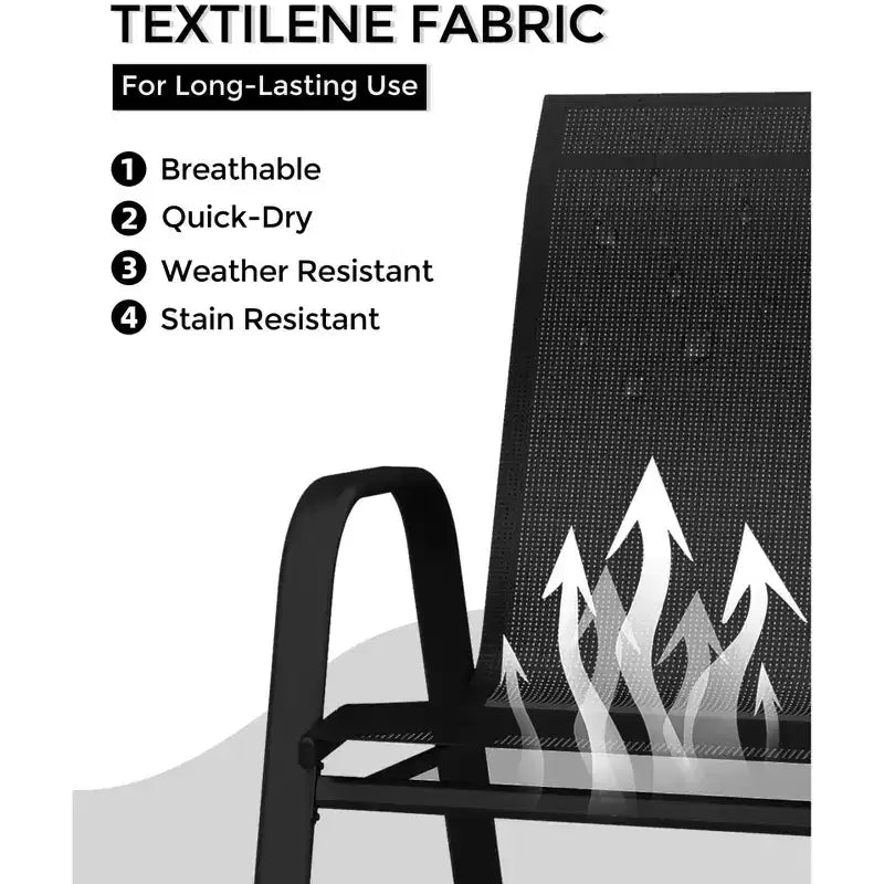 Set di 4 sedie da pranzo impilabili, set di sedie da pranzo per patio con schienale alto, sedie da esterno con tessuto in textilene e struttura in metallo per prato, cortile, terrazza e giardino