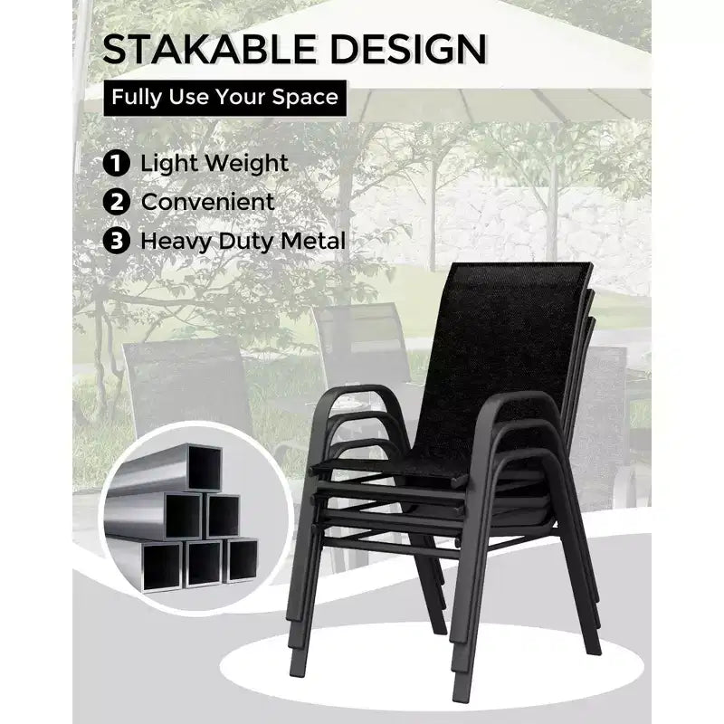Set di 4 sedie da pranzo impilabili, set di sedie da pranzo per patio con schienale alto, sedie da esterno con tessuto in textilene e struttura in metallo per prato, cortile, terrazza e giardino