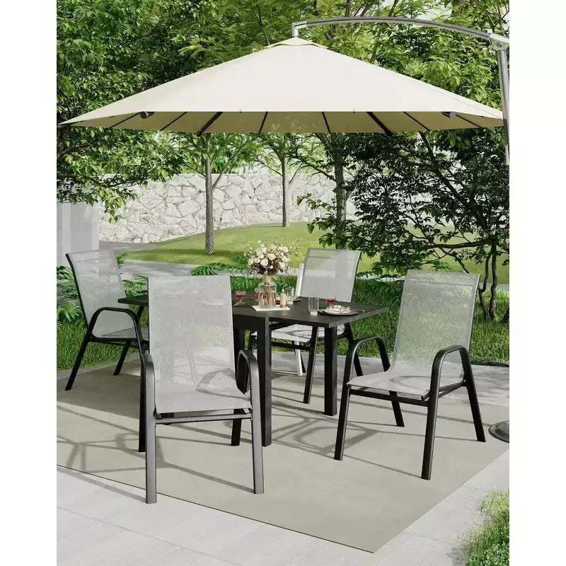 Set di 4 sedie da pranzo impilabili, set di sedie da pranzo per patio con schienale alto, sedie da esterno con tessuto in textilene e struttura in metallo per prato, cortile, terrazza e giardino