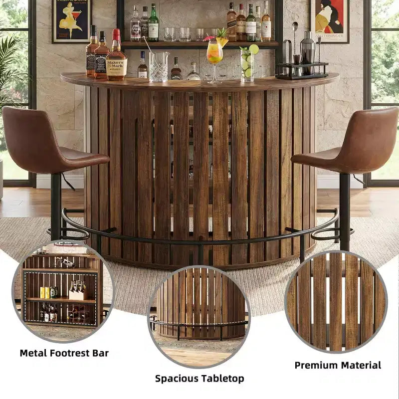 MAYEERTY Arc-Shaped 4-Tier Storage Mini Bar Table, Modern Rustic Home Bar Cabinet with Footrest & MDF Construction