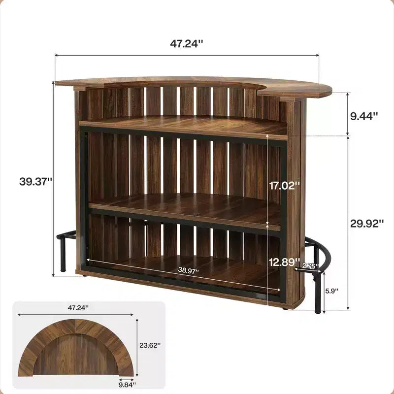 MAYEERTY Arc-Shaped 4-Tier Storage Mini Bar Table, Modern Rustic Home Bar Cabinet with Footrest & MDF Construction