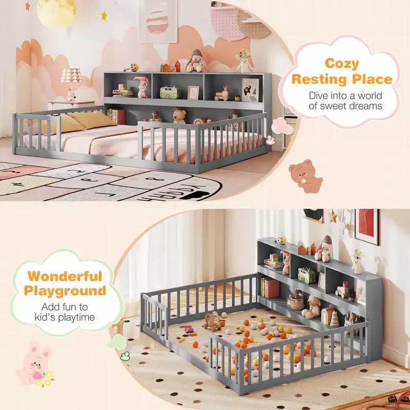 Letto Montessori da pavimento Costway, una piazza e mezza/matrimoniale, con scaffali e libreria integrati, sponde di sicurezza, bianco/grigio