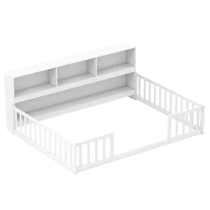 Letto Montessori da pavimento Costway, una piazza e mezza/matrimoniale, con scaffali e libreria integrati, sponde di sicurezza, bianco/grigio
