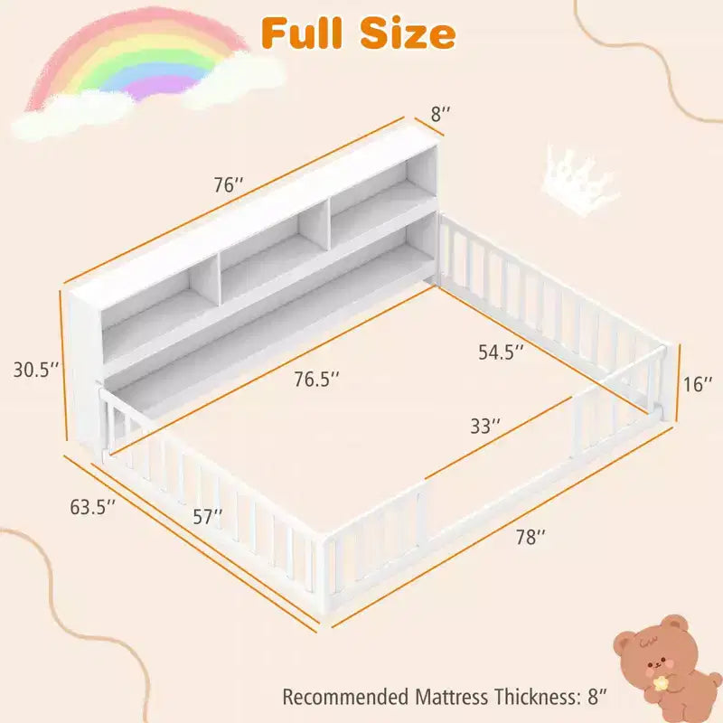 Letto Montessori da pavimento Costway, una piazza e mezza/matrimoniale, con scaffali e libreria integrati, sponde di sicurezza, bianco/grigio