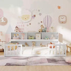 Letto Montessori da pavimento Costway, una piazza e mezza/matrimoniale, con scaffali e libreria integrati, sponde di sicurezza, bianco/grigio