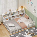 Letto Montessori da pavimento Costway, una piazza e mezza/matrimoniale, con scaffali e libreria integrati, sponde di sicurezza, bianco/grigio