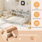 Letto Montessori da pavimento Costway, una piazza e mezza/matrimoniale, con scaffali e libreria integrati, sponde di sicurezza, bianco/grigio