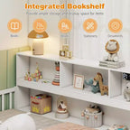 Letto Montessori da pavimento Costway, una piazza e mezza/matrimoniale, con scaffali e libreria integrati, sponde di sicurezza, bianco/grigio
