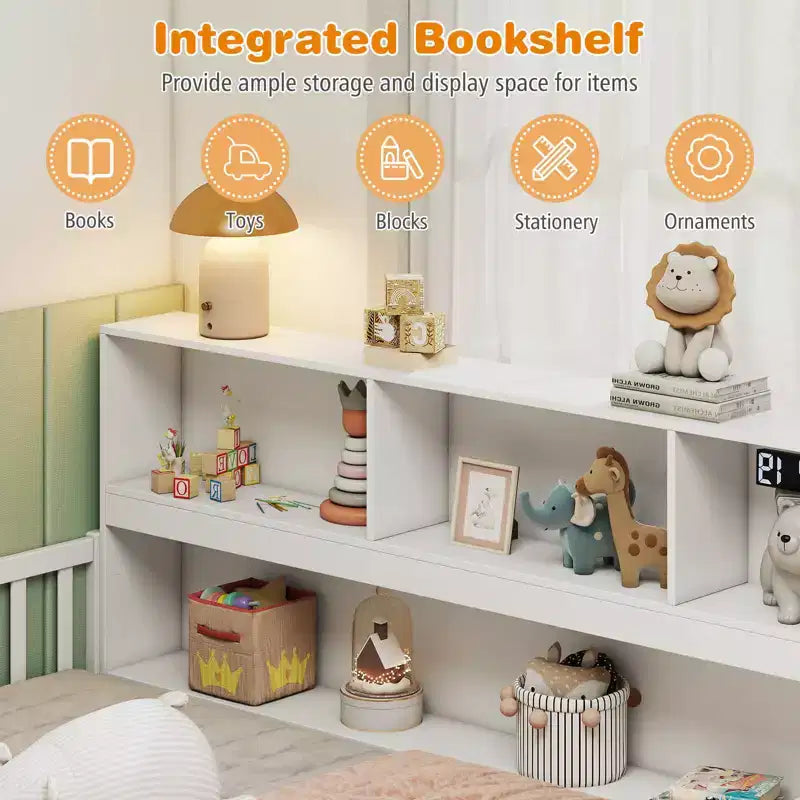 Letto Montessori da pavimento Costway, una piazza e mezza/matrimoniale, con scaffali e libreria integrati, sponde di sicurezza, bianco/grigio