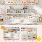 Letto Montessori da pavimento Costway, una piazza e mezza/matrimoniale, con scaffali e libreria integrati, sponde di sicurezza, bianco/grigio