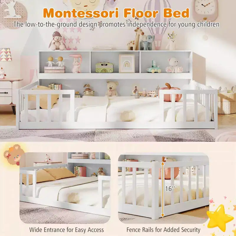 Letto Montessori da pavimento Costway, una piazza e mezza/matrimoniale, con scaffali e libreria integrati, sponde di sicurezza, bianco/grigio