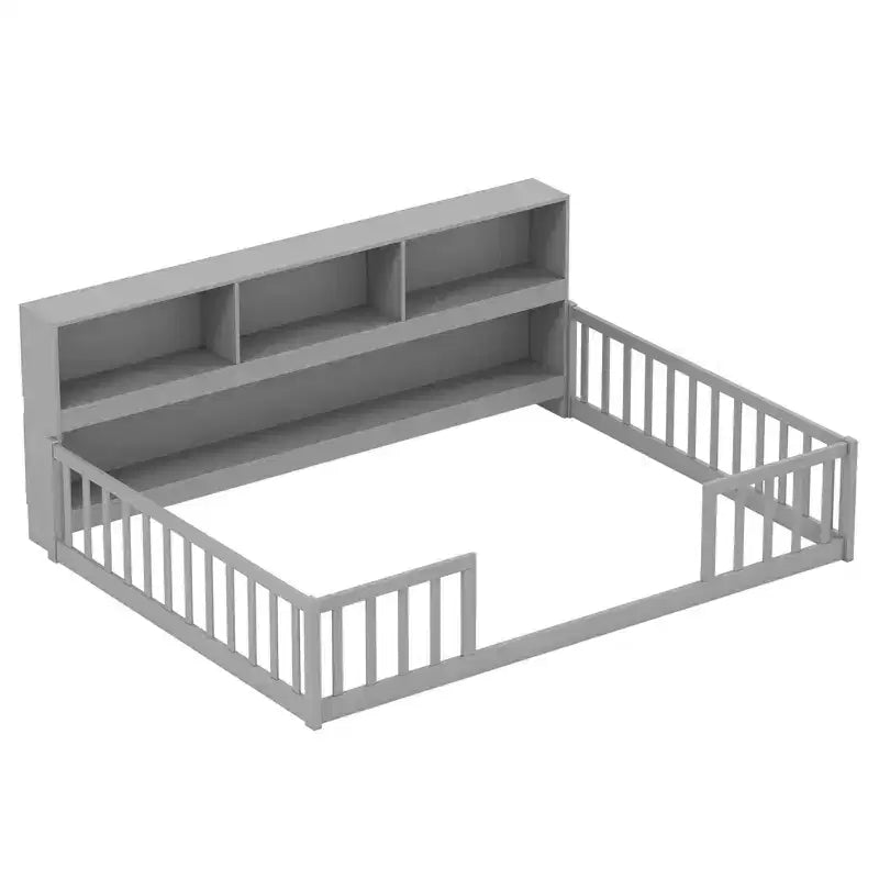 Letto Montessori da pavimento Costway, una piazza e mezza/matrimoniale, con scaffali e libreria integrati, sponde di sicurezza, bianco/grigio