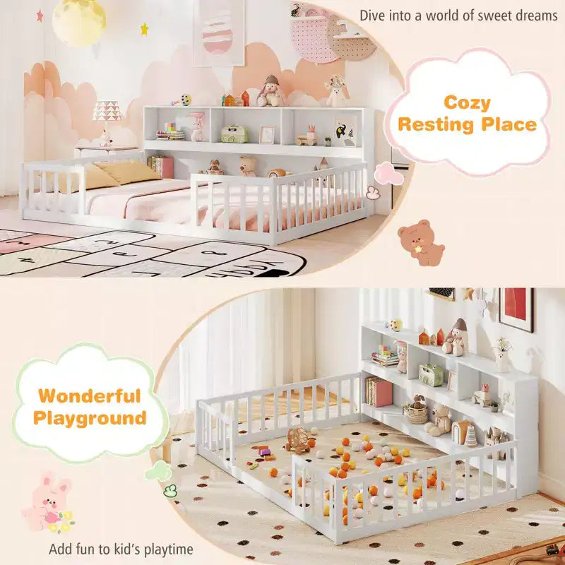 Letto Montessori da pavimento Costway, una piazza e mezza/matrimoniale, con scaffali e libreria integrati, sponde di sicurezza, bianco/grigio