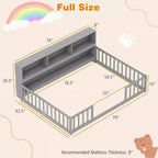 Letto Montessori da pavimento Costway, una piazza e mezza/matrimoniale, con scaffali e libreria integrati, sponde di sicurezza, bianco/grigio