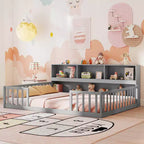 Letto Montessori da pavimento Costway, una piazza e mezza/matrimoniale, con scaffali e libreria integrati, sponde di sicurezza, bianco/grigio