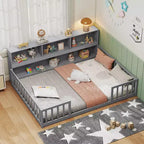 Letto Montessori da pavimento Costway, una piazza e mezza/matrimoniale, con scaffali e libreria integrati, sponde di sicurezza, bianco/grigio