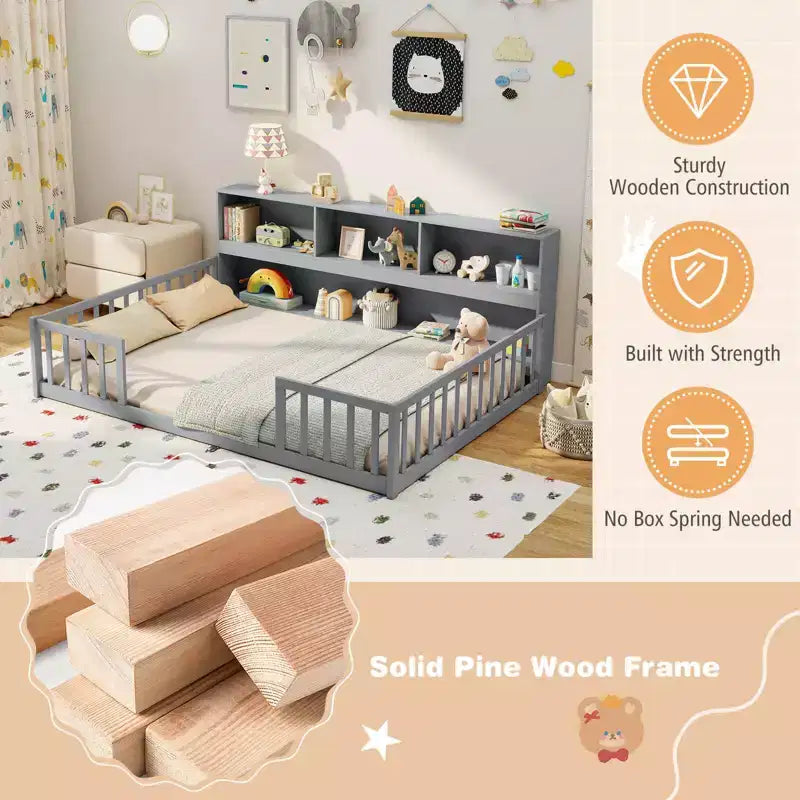 Letto Montessori da pavimento Costway, una piazza e mezza/matrimoniale, con scaffali e libreria integrati, sponde di sicurezza, bianco/grigio
