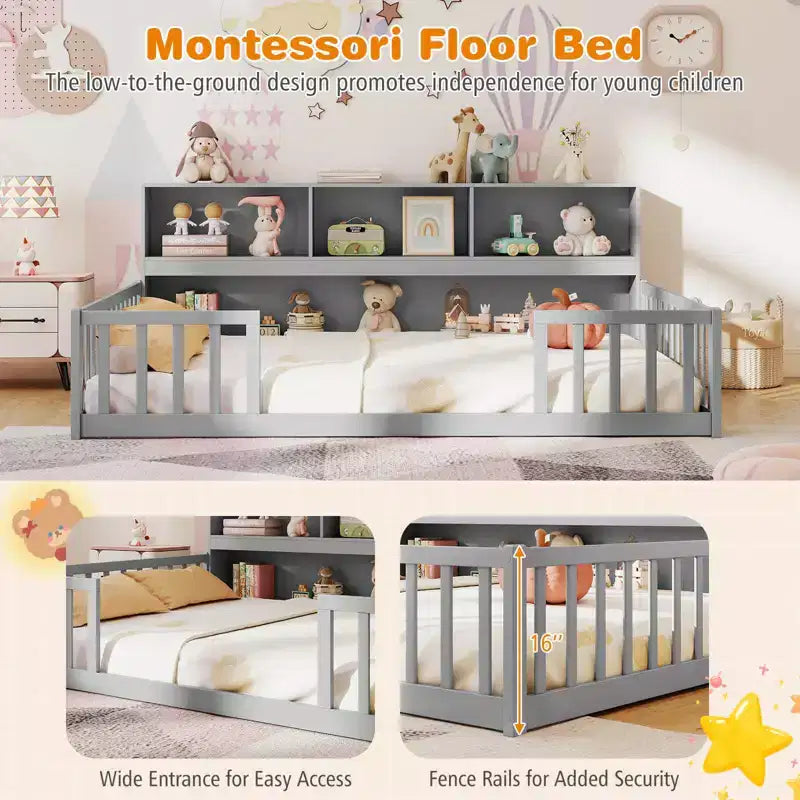 Letto Montessori da pavimento Costway, una piazza e mezza/matrimoniale, con scaffali e libreria integrati, sponde di sicurezza, bianco/grigio