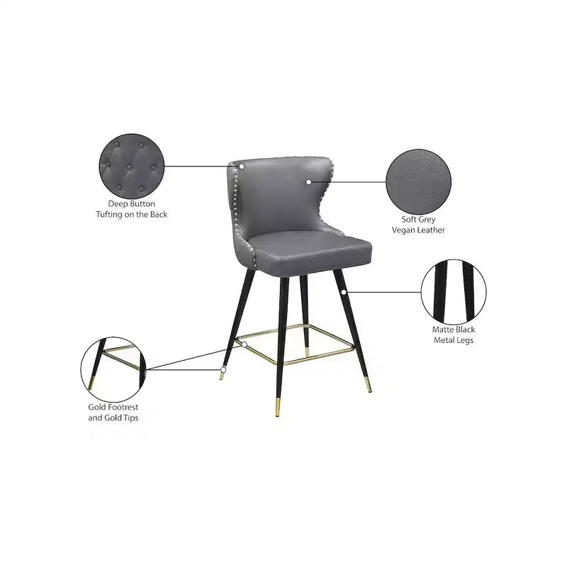 Meridian Furniture,Hendrix Grey Vegan Leather Counter/Bar Stool, Set of 2