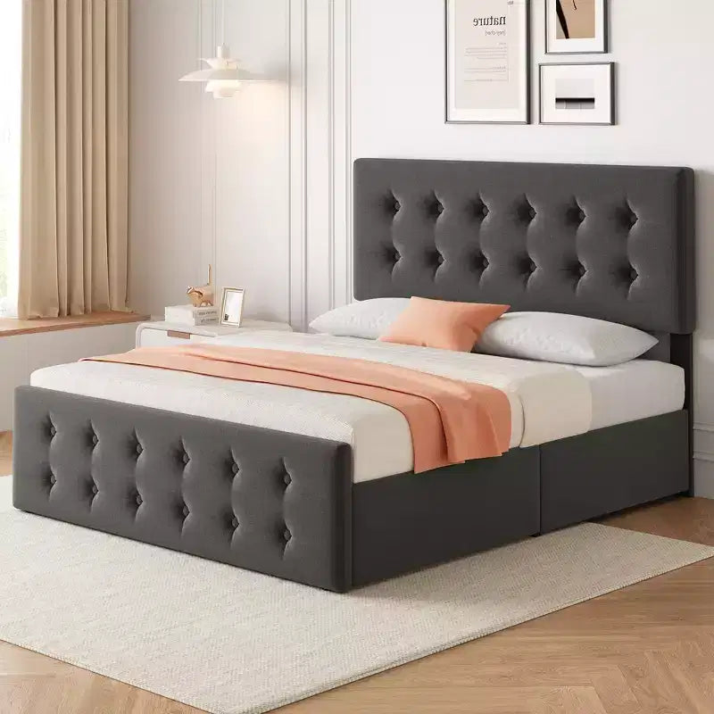 Struttura letto imbottita in lino con 4 cassetti contenitore | Struttura in metallo e testiera trapuntata | Supporto con doghe in legno | Nessuna rete a molle richiesta