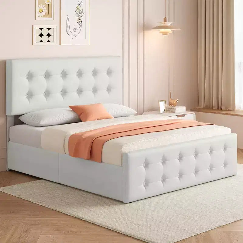 Struttura letto imbottita in lino con 4 cassetti contenitore | Struttura in metallo e testiera trapuntata | Supporto con doghe in legno | Nessuna rete a molle richiesta