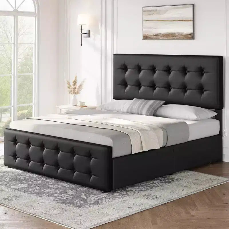 Linen Upholstered Bed Frame with 4 Storage Drawers | Metal Frame & Button Tufted Headboard | Wood Slat Support | No Box Spring Needed
