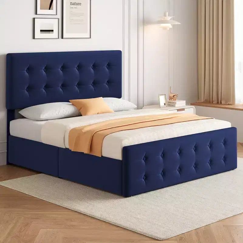 Linen Upholstered Bed Frame with 4 Storage Drawers | Metal Frame & Button Tufted Headboard | Wood Slat Support | No Box Spring Needed