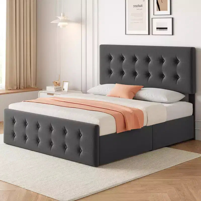 Linen Upholstered Bed Frame with 4 Storage Drawers | Metal Frame & Button Tufted Headboard | Wood Slat Support | No Box Spring Needed